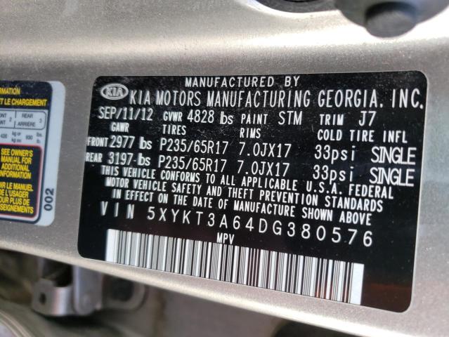 5XYKT3A64DG380576 - 2013 KIA SORENTO LX SILVER photo 13