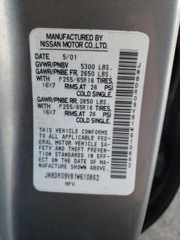 JN8DR09Y81W610862 - 2001 NISSAN PATHFINDER LE ვერცხლისფერი ფოტო 12