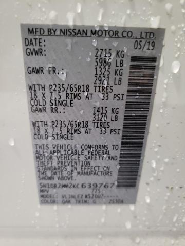 5N1DR2MM2KC639767 - 2019 NISSAN PATHFINDER S WHITE photo 10