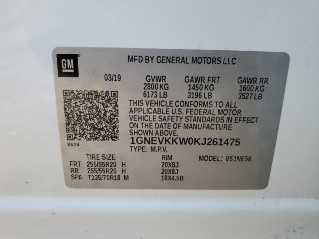 1GNEVKKW0KJ261475 - 2019 CHEVROLET TRAVERSE PREMIER WHITE photo 13