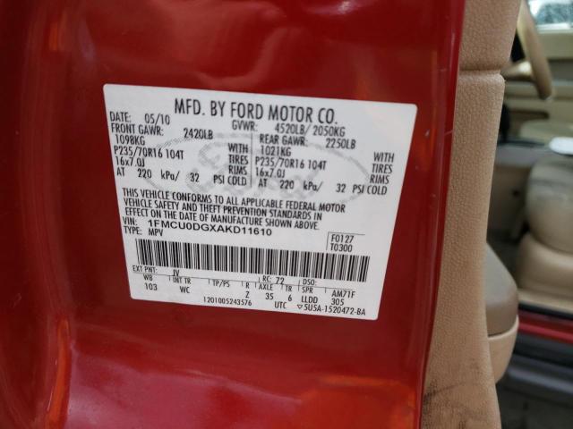 1FMCU0DGXAKD11610 - 2010 FORD ESCAPE XLT RED photo 12