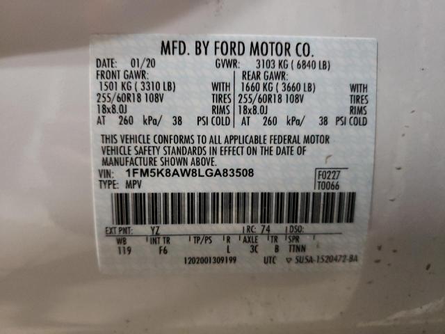 1FM5K8AW8LGA83508 - 2020 FORD EXPLORER POLICE INTERCEPTOR WHITE photo 12