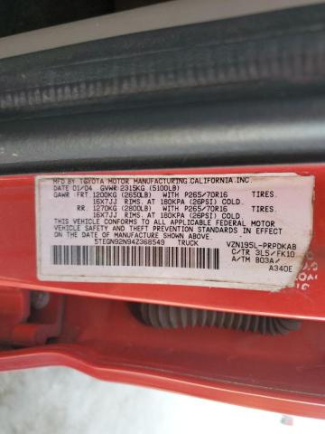 5TEGN92N94Z368549 - 2004 TOYOTA TACOMA DOUBLE CAB PRERUNNER RED photo 12