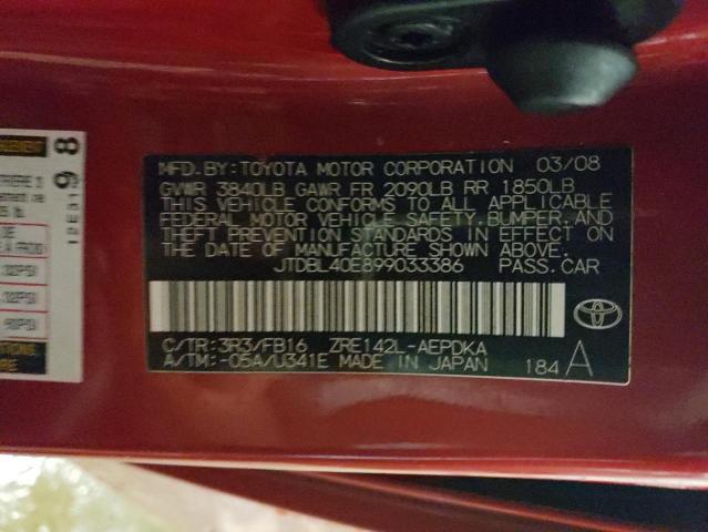 JTDBL40E899033386 - 2009 TOYOTA COROLLA BASE RED photo 12