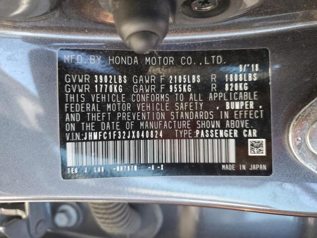 JHMFC1F32JX040824 - 2018 HONDA CIVIC EX GRAY photo 12