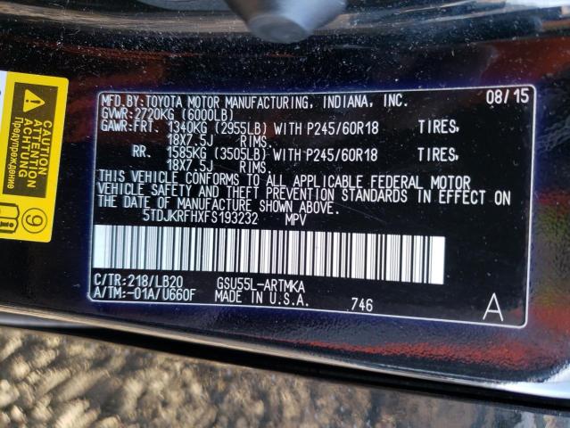 5TDJKRFHXFS193232 - 2015 TOYOTA HIGHLANDER XLE 黑色 照片 14