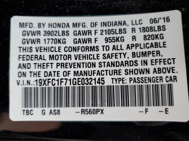19XFC1F71GE032145 - 2016 HONDA CIVIC EXL შავი ფოტო 12