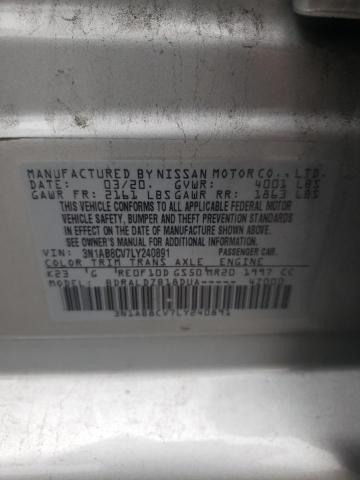 3N1AB8CV7LY240891 - 2020 NISSAN SENTRA SV SILVER photo 12