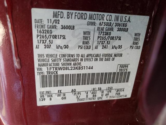 1FTRW08L23KB51144 - 2003 FORD F150 SUPER BURGUNDY photo 13