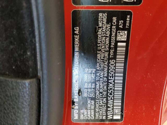 WBA4W5C53KAE50906 - 2019 BMW 430XI RED photo 12