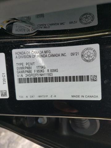 2HGFE2F51NH111803 - 2022 HONDA CIVIC SPORT 黑色 照片 12