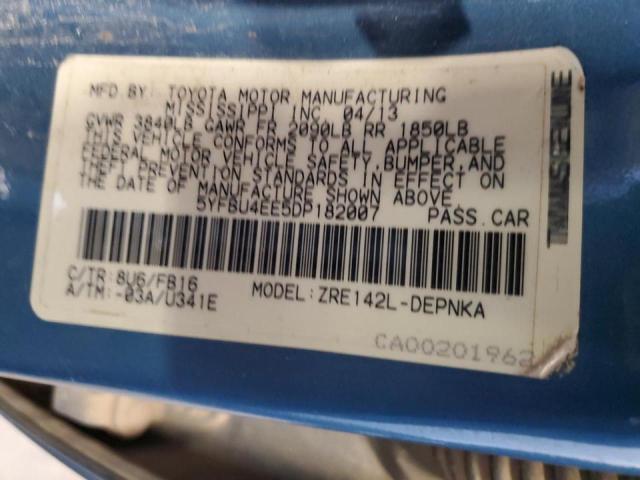 5YFBU4EE5DP182007 - 2013 TOYOTA COROLLA BASE BLUE photo 12