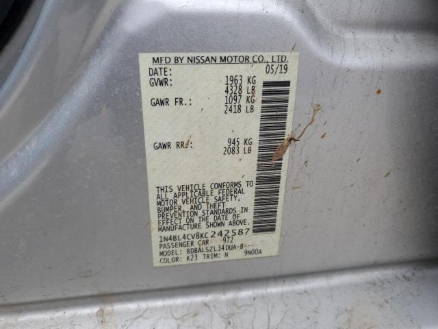 1N4BL4CV8KC242587 - 2019 NISSAN ALTIMA SR SILVER photo 12