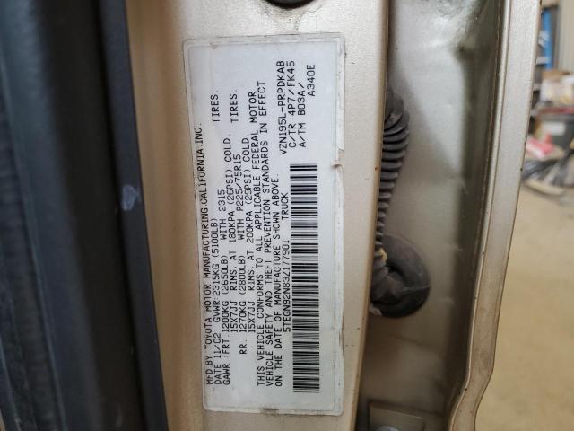 5TEGN92N83Z177901 - 2003 TOYOTA TACOMA DOUBLE CAB PRERUNNER GOLD photo 12