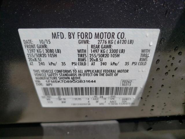 1FM5K7D89GGB31644 - 2016 FORD EXPLORER XLT GRAY photo 14