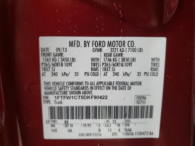 1FTFW1CT5DKF90422 - 2013 FORD F150 SUPERCREW RED photo 12