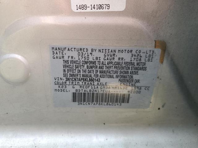 3N1CN7AP8KL860143 - 2019 NISSAN VERSA S SILVER photo 12