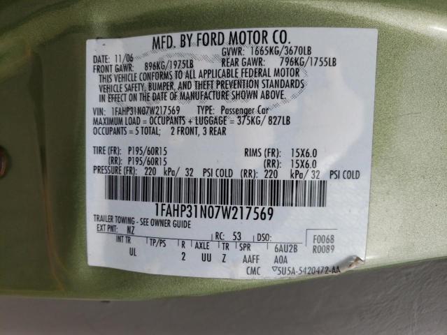 1FAHP31N07W217569 - 2007 FORD FOCUS S ZX3 GREEN photo 12