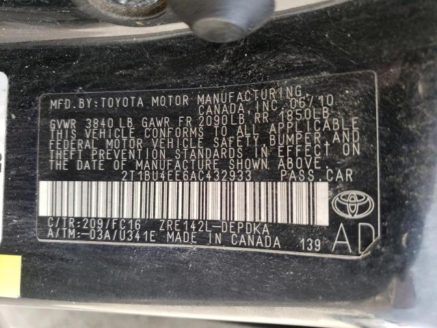 2T1BU4EE6AC432933 - 2010 TOYOTA COROLLA BASE BLACK photo 12