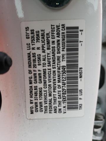 19XFB2F74FE275049 - 2015 HONDA CIVIC SE WHITE photo 12