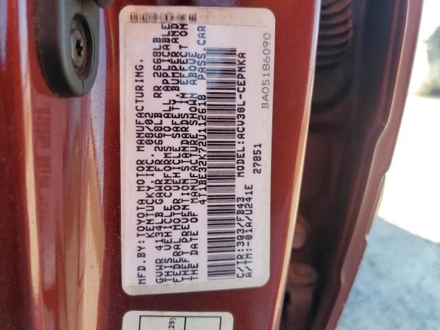 4T1BE32K72U112618 - 2002 TOYOTA CAMRY LE RED photo 12