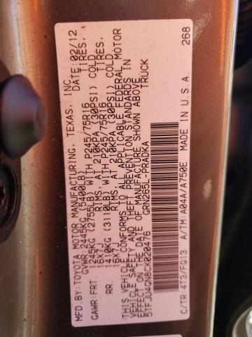 5TFJU4GN8CX020476 - 2012 TOYOTA TACOMA DOUBLE CAB PRERUNNER GRAY photo 12