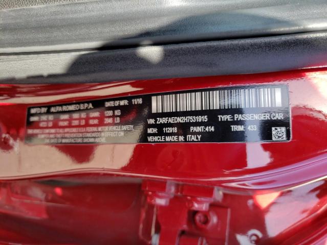 ZARFAEDN2H7531915 - 2017 ALFA ROMEO GIULIA Q4 红色 照片 13