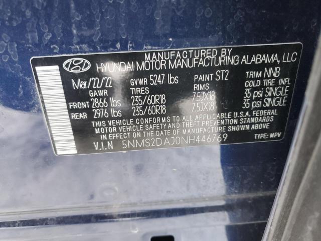 5NMS2DAJ0NH446769 - 2022 HYUNDAI SANTA FE SEL Կապույտ լուսանկար 13