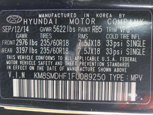 KM8SMDHF1FU089250 - 2015 HYUNDAI SANTA FE GLS BLACK photo 13