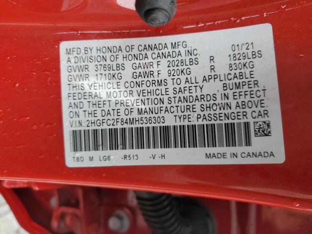 2HGFC2F84MH536303 - 2021 HONDA CIVIC SPORT 红色 照片 12