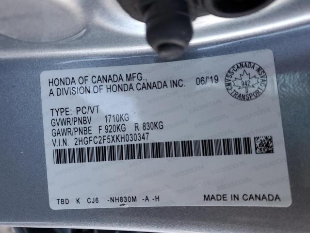 2HGFC2F5XKH030347 - 2019 HONDA CIVIC LX SILVER photo 12