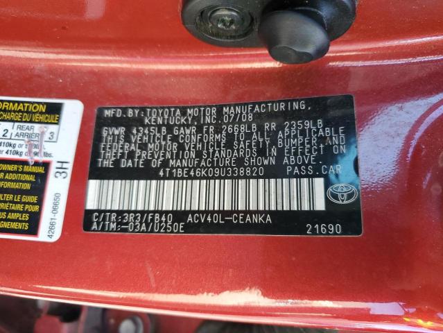 4T1BE46K09U338820 - 2009 TOYOTA CAMRY BASE RED photo 12