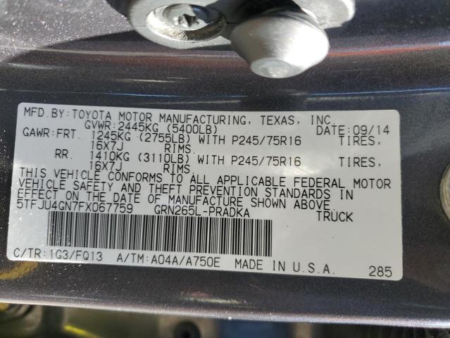 5TFJU4GN7FX067759 - 2015 TOYOTA TACOMA DOUBLE CAB PRERUNNER GRAY photo 13