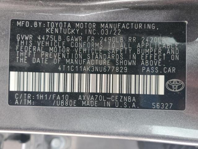 4T1C11AK3NU677829 - 2022 TOYOTA CAMRY LE CHARCOAL photo 13