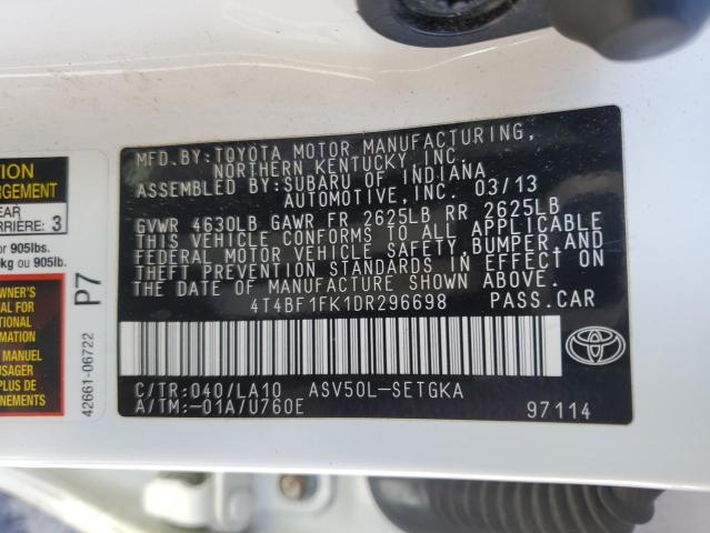 4T4BF1FK1DR296698 - 2013 TOYOTA CAMRY L WHITE photo 13