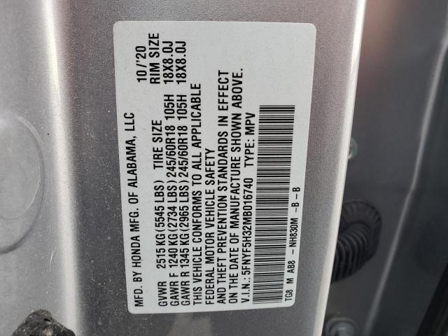 5FNYF5H32MB016740 - 2021 HONDA PILOT EX SILVER photo 13