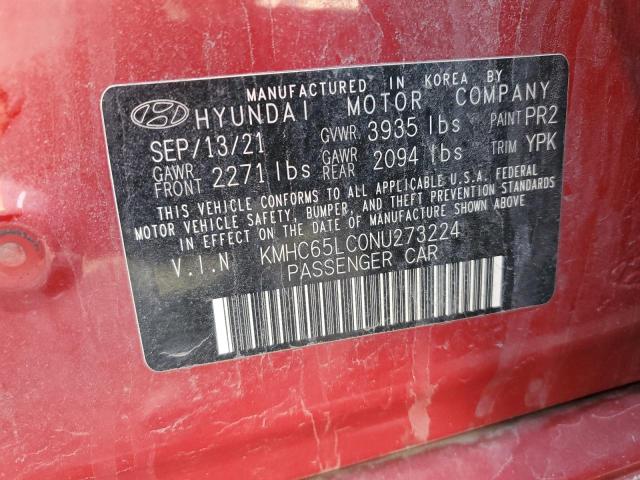 KMHC65LC0NU273224 - 2022 HYUNDAI IONIQ BLUE RED photo 12