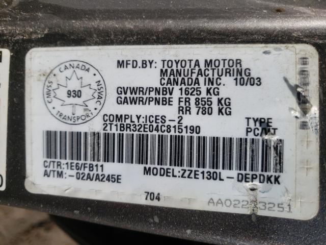 2T1BR32E04C815190 - 2004 TOYOTA COROLLA CE GRAY photo 10