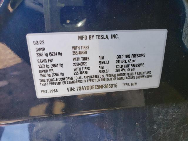 7SAYGDEE5NF386016 - 2022 TESLA MODEL Y أزرق صورة 12