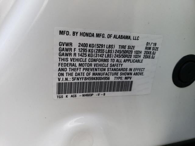 5FNYF8H59KB004956 - 2019 HONDA PASSPORT EXL أبيض صورة 12