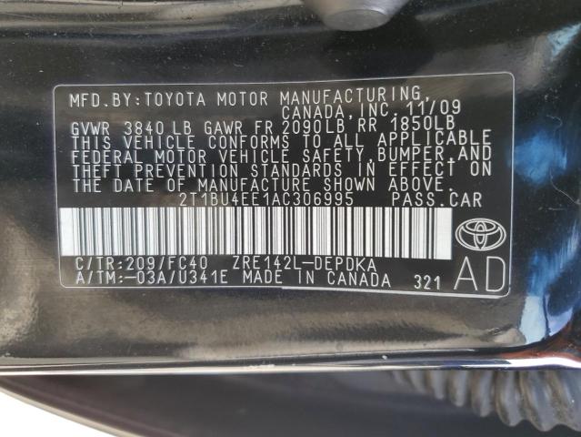 2T1BU4EE1AC306995 - 2010 TOYOTA COROLLA BASE BLACK photo 12