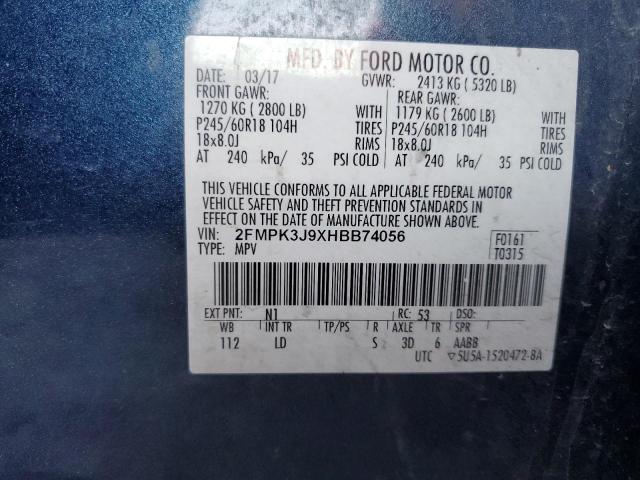 2FMPK3J9XHBB74056 - 2017 FORD EDGE SEL BLUE photo 13