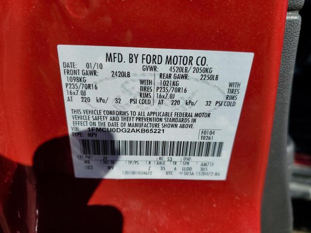 1FMCU0DG2AKB65221 - 2010 FORD ESCAPE XLT RED photo 12