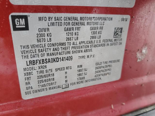 LRBFXBSA0KD141409 - 2019 BUICK ENVISION PREFERRED RED photo 13