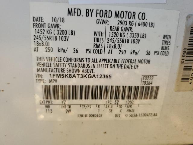 1FM5K8AT3KGA12365 - 2019 FORD EXPLORER POLICE INTERCEPTOR 白色 照片 12