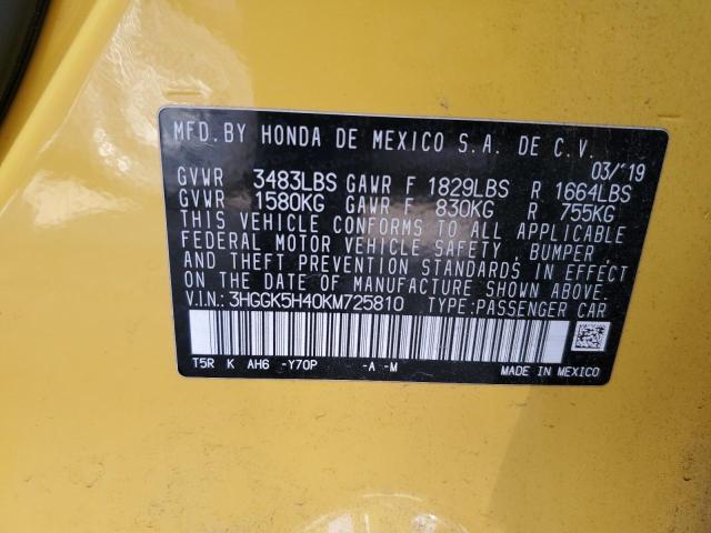 3HGGK5H40KM725810 - 2019 HONDA FIT LX YELLOW photo 12