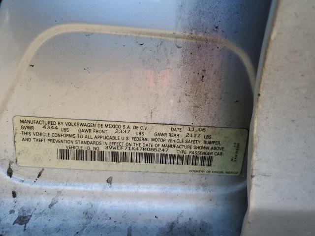 3VWEF71K47M085247 - 2007 VOLKSWAGEN JETTA WOLFSBURG 银色 照片 12