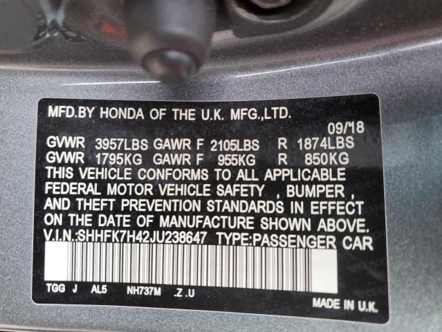 SHHFK7H42JU238647 - 2018 HONDA CIVIC SPORT 灰色 照片 13