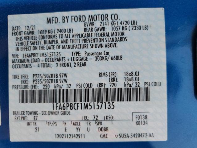 1FA6P8CF1M5157135 - 2021 FORD MUSTANG GT BLUE photo 13