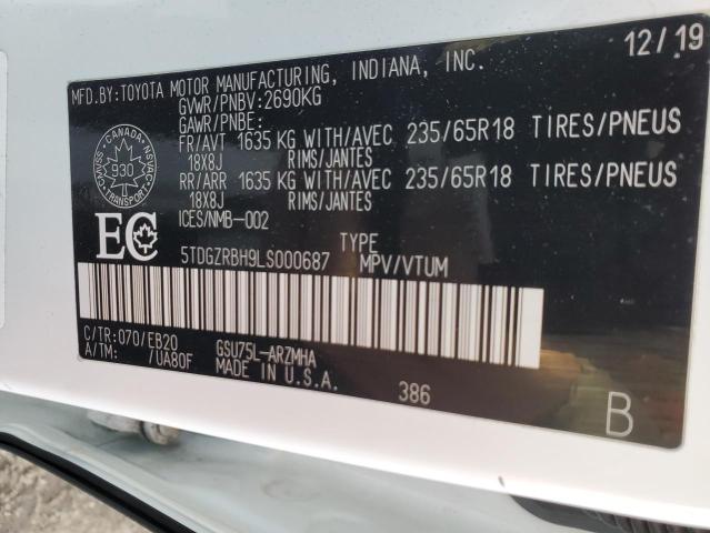 5TDGZRBH9LS000687 - 2020 TOYOTA HIGHLANDER XLE WHITE photo 13